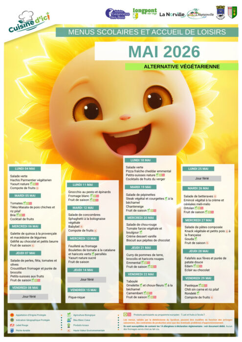 Menu scolaire - végétarien - mai 2026