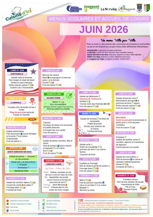 liste des menus  carné cantine scolaire juin 2026