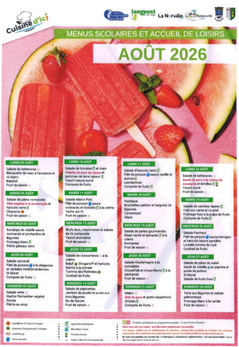 Menu scolaire - carné - août 2026